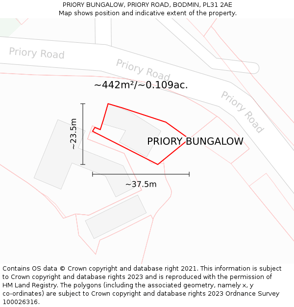 PRIORY BUNGALOW, PRIORY ROAD, BODMIN, PL31 2AE: Plot and title map