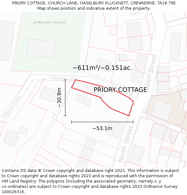 PRIORY COTTAGE, CHURCH LANE, HASELBURY PLUCKNETT, CREWKERNE, TA18 7RE: Plot and title map