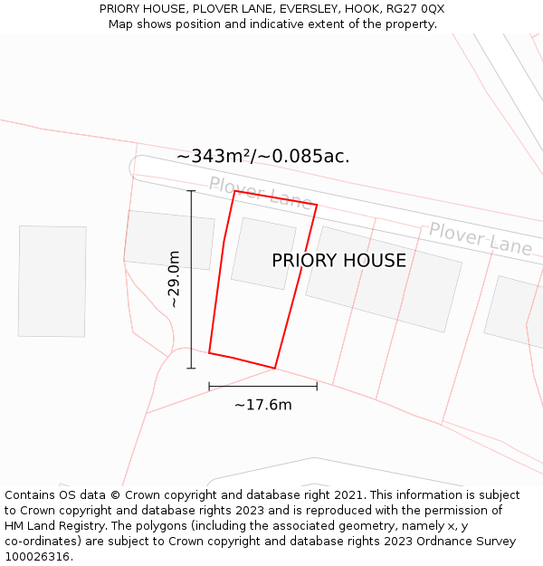 PRIORY HOUSE, PLOVER LANE, EVERSLEY, HOOK, RG27 0QX: Plot and title map