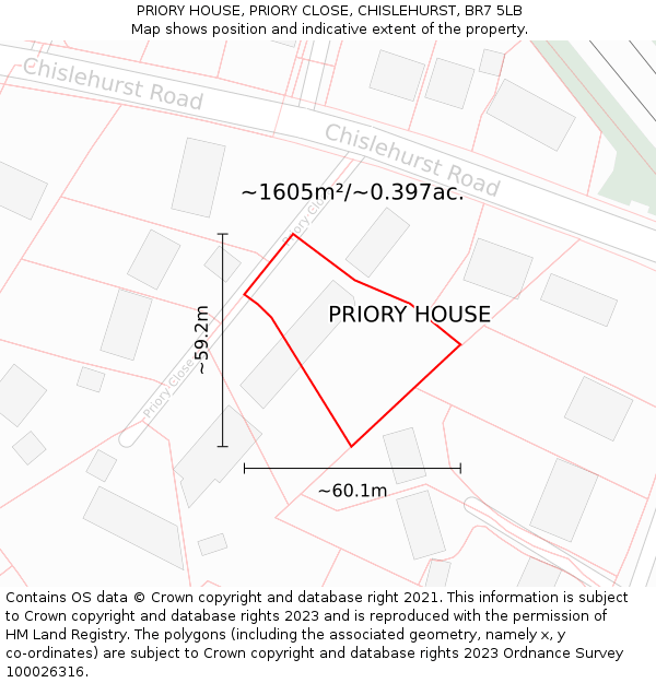 PRIORY HOUSE, PRIORY CLOSE, CHISLEHURST, BR7 5LB: Plot and title map