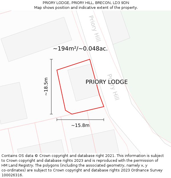 PRIORY LODGE, PRIORY HILL, BRECON, LD3 9DN: Plot and title map