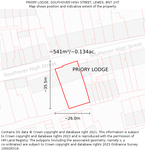 PRIORY LODGE, SOUTHOVER HIGH STREET, LEWES, BN7 1HT: Plot and title map