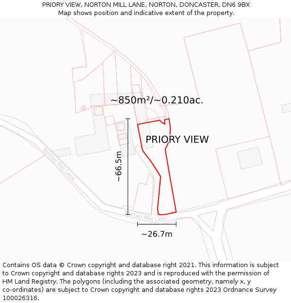 PRIORY VIEW, NORTON MILL LANE, NORTON, DONCASTER, DN6 9BX: Plot and title map