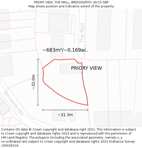 PRIORY VIEW, THE MALL, BRIDGNORTH, WV15 5BP: Plot and title map