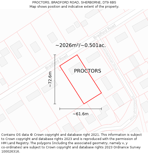 PROCTORS, BRADFORD ROAD, SHERBORNE, DT9 6BS: Plot and title map