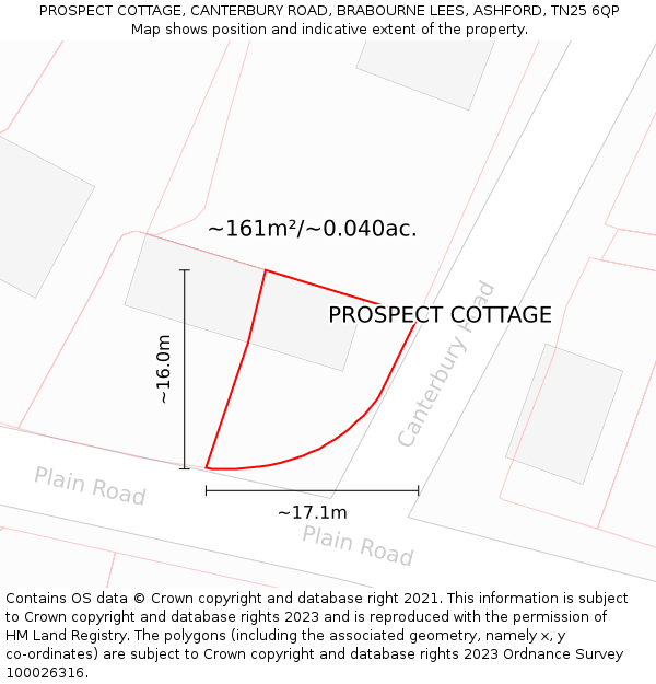 PROSPECT COTTAGE, CANTERBURY ROAD, BRABOURNE LEES, ASHFORD, TN25 6QP: Plot and title map