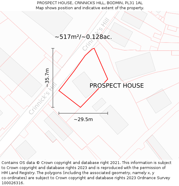 PROSPECT HOUSE, CRINNICKS HILL, BODMIN, PL31 1AL: Plot and title map