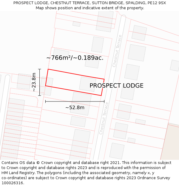 PROSPECT LODGE, CHESTNUT TERRACE, SUTTON BRIDGE, SPALDING, PE12 9SX: Plot and title map