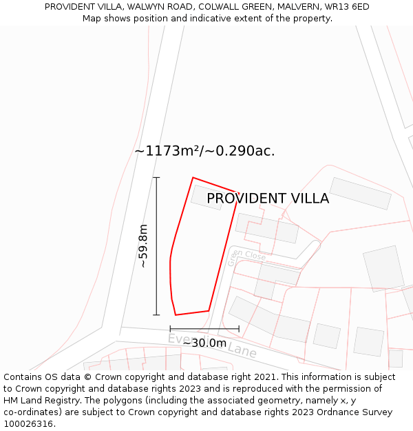PROVIDENT VILLA, WALWYN ROAD, COLWALL GREEN, MALVERN, WR13 6ED: Plot and title map