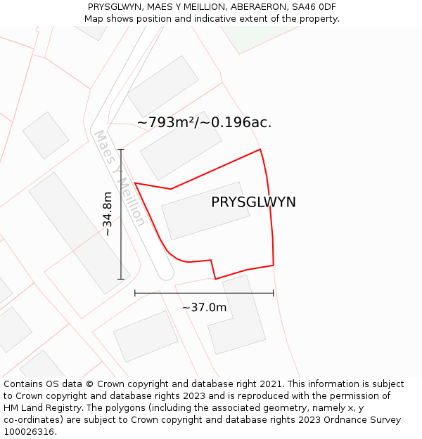PRYSGLWYN, MAES Y MEILLION, ABERAERON, SA46 0DF: Plot and title map