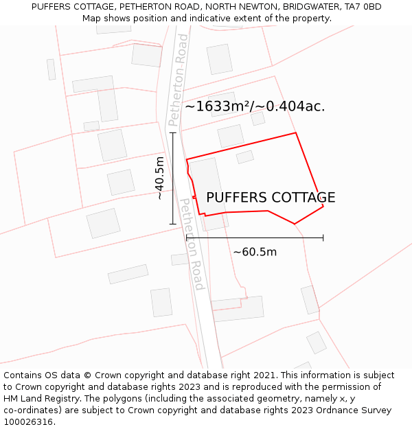 PUFFERS COTTAGE, PETHERTON ROAD, NORTH NEWTON, BRIDGWATER, TA7 0BD: Plot and title map
