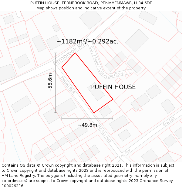 PUFFIN HOUSE, FERNBROOK ROAD, PENMAENMAWR, LL34 6DE: Plot and title map
