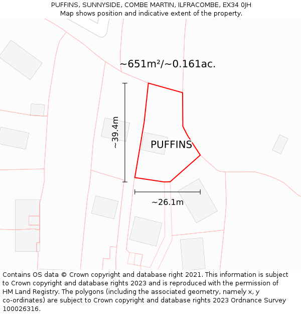 PUFFINS, SUNNYSIDE, COMBE MARTIN, ILFRACOMBE, EX34 0JH: Plot and title map