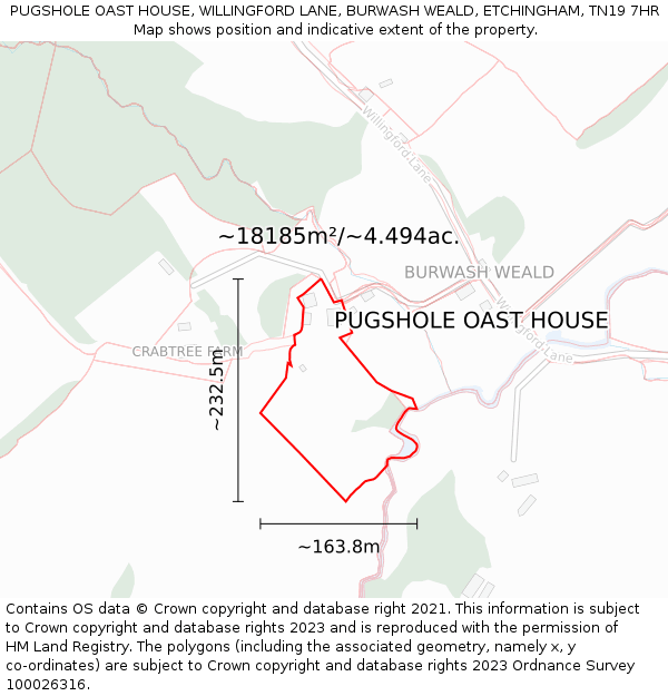 PUGSHOLE OAST HOUSE, WILLINGFORD LANE, BURWASH WEALD, ETCHINGHAM, TN19 7HR: Plot and title map