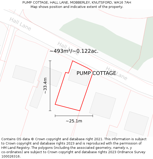 PUMP COTTAGE, HALL LANE, MOBBERLEY, KNUTSFORD, WA16 7AH: Plot and title map