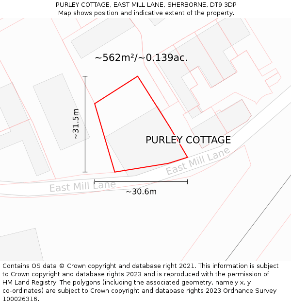 PURLEY COTTAGE, EAST MILL LANE, SHERBORNE, DT9 3DP: Plot and title map