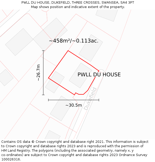 PWLL DU HOUSE, DUKEFIELD, THREE CROSSES, SWANSEA, SA4 3PT: Plot and title map