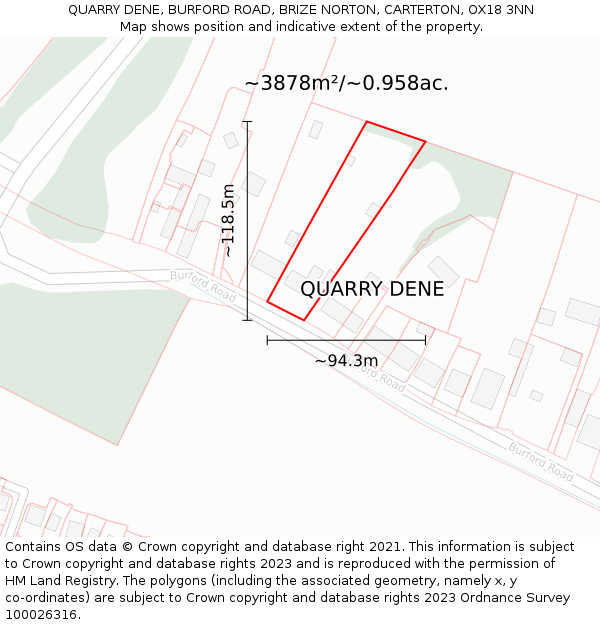 QUARRY DENE, BURFORD ROAD, BRIZE NORTON, CARTERTON, OX18 3NN: Plot and title map