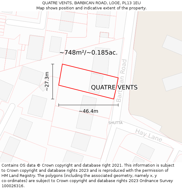 QUATRE VENTS, BARBICAN ROAD, LOOE, PL13 1EU: Plot and title map
