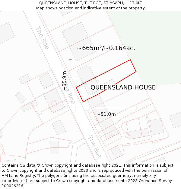 QUEENSLAND HOUSE, THE ROE, ST ASAPH, LL17 0LT: Plot and title map