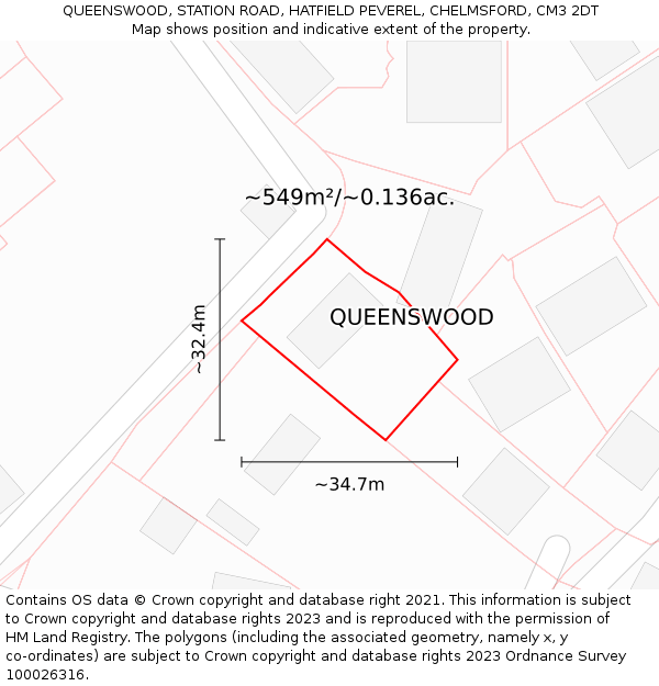 QUEENSWOOD, STATION ROAD, HATFIELD PEVEREL, CHELMSFORD, CM3 2DT: Plot and title map