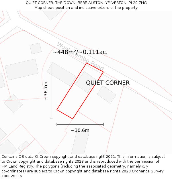 QUIET CORNER, THE DOWN, BERE ALSTON, YELVERTON, PL20 7HG: Plot and title map
