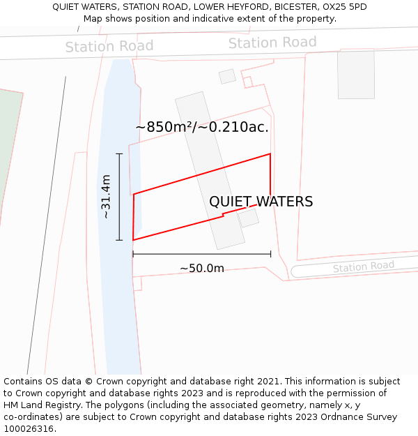 QUIET WATERS, STATION ROAD, LOWER HEYFORD, BICESTER, OX25 5PD: Plot and title map