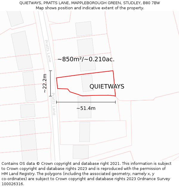 QUIETWAYS, PRATTS LANE, MAPPLEBOROUGH GREEN, STUDLEY, B80 7BW: Plot and title map