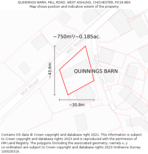 QUINNINGS BARN, MILL ROAD, WEST ASHLING, CHICHESTER, PO18 8EA: Plot and title map