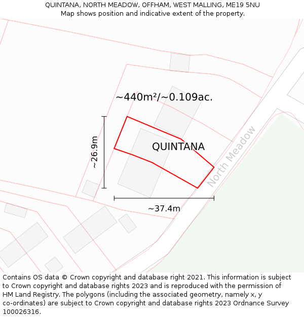 QUINTANA, NORTH MEADOW, OFFHAM, WEST MALLING, ME19 5NU: Plot and title map