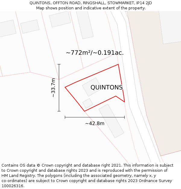 QUINTONS, OFFTON ROAD, RINGSHALL, STOWMARKET, IP14 2JD: Plot and title map