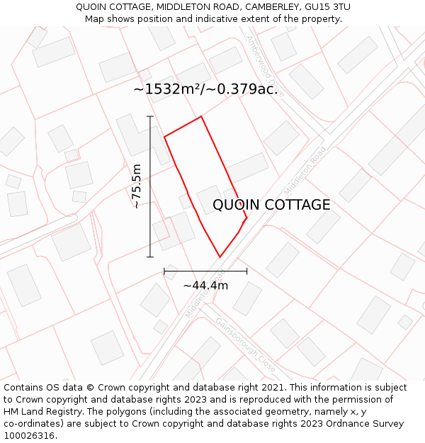 QUOIN COTTAGE, MIDDLETON ROAD, CAMBERLEY, GU15 3TU: Plot and title map