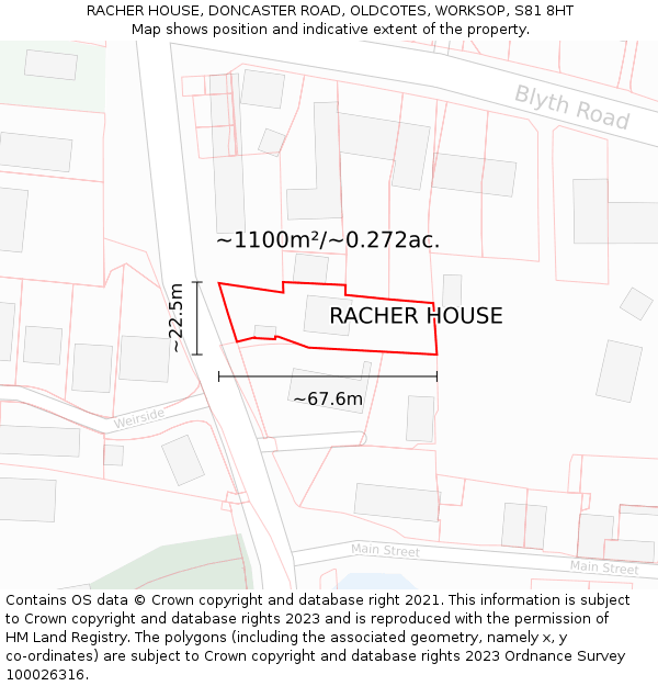 RACHER HOUSE, DONCASTER ROAD, OLDCOTES, WORKSOP, S81 8HT: Plot and title map