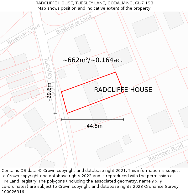 RADCLIFFE HOUSE, TUESLEY LANE, GODALMING, GU7 1SB: Plot and title map