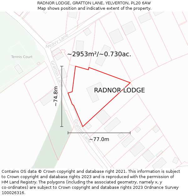 RADNOR LODGE, GRATTON LANE, YELVERTON, PL20 6AW: Plot and title map