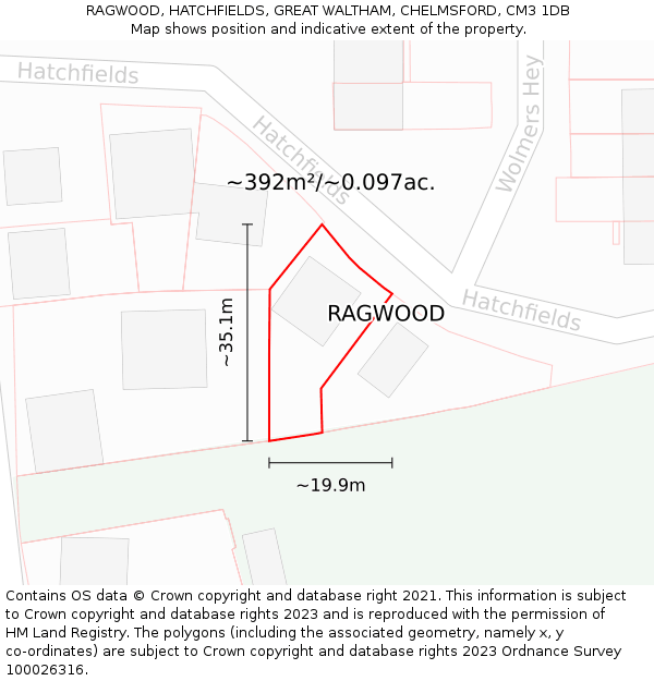 RAGWOOD, HATCHFIELDS, GREAT WALTHAM, CHELMSFORD, CM3 1DB: Plot and title map