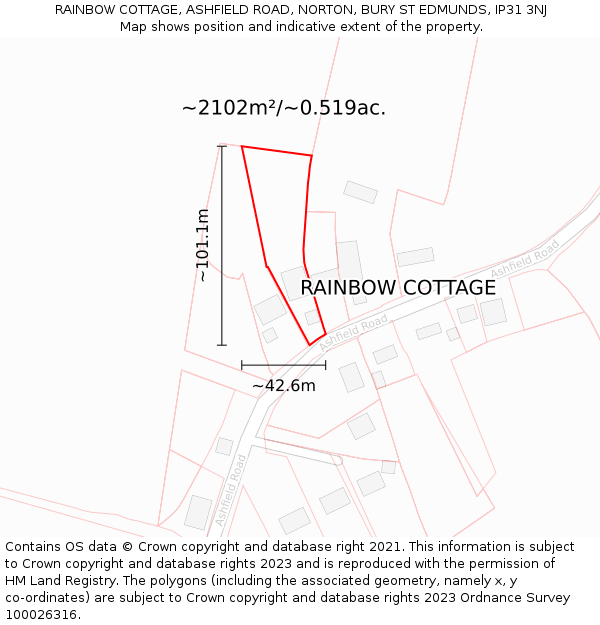 RAINBOW COTTAGE, ASHFIELD ROAD, NORTON, BURY ST EDMUNDS, IP31 3NJ: Plot and title map