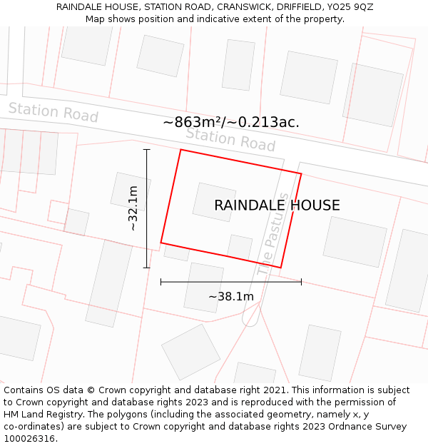 RAINDALE HOUSE, STATION ROAD, CRANSWICK, DRIFFIELD, YO25 9QZ: Plot and title map