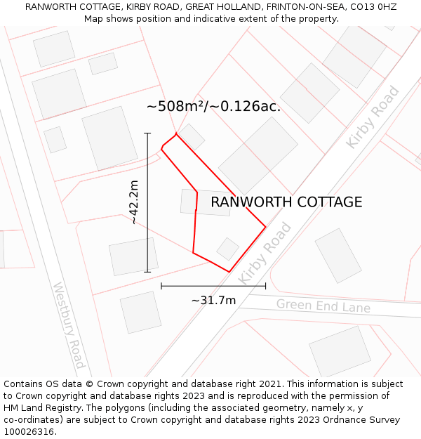 RANWORTH COTTAGE, KIRBY ROAD, GREAT HOLLAND, FRINTON-ON-SEA, CO13 0HZ: Plot and title map