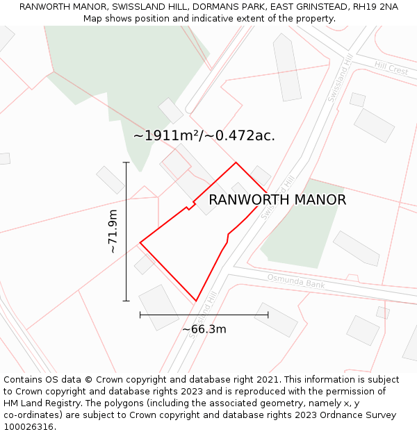 RANWORTH MANOR, SWISSLAND HILL, DORMANS PARK, EAST GRINSTEAD, RH19 2NA: Plot and title map