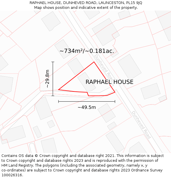 RAPHAEL HOUSE, DUNHEVED ROAD, LAUNCESTON, PL15 9JQ: Plot and title map