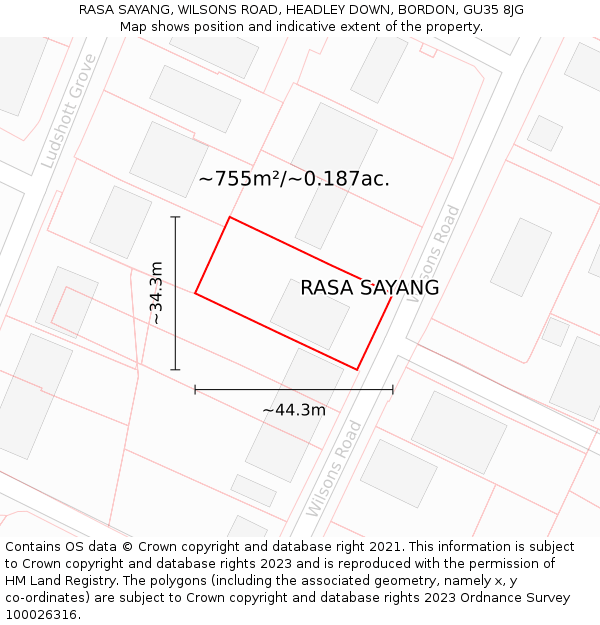 RASA SAYANG, WILSONS ROAD, HEADLEY DOWN, BORDON, GU35 8JG: Plot and title map