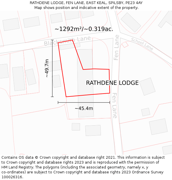 RATHDENE LODGE, FEN LANE, EAST KEAL, SPILSBY, PE23 4AY: Plot and title map