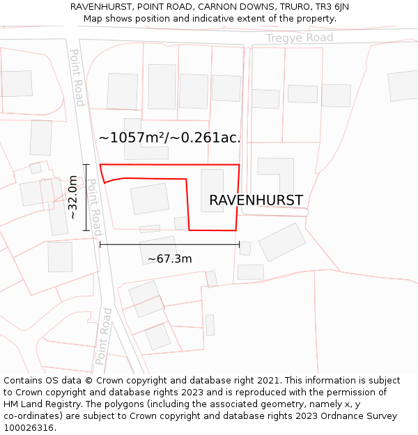 RAVENHURST, POINT ROAD, CARNON DOWNS, TRURO, TR3 6JN: Plot and title map