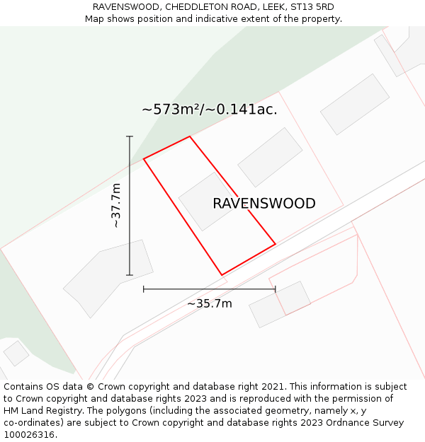 RAVENSWOOD, CHEDDLETON ROAD, LEEK, ST13 5RD: Plot and title map