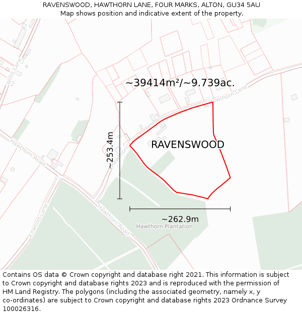 RAVENSWOOD, HAWTHORN LANE, FOUR MARKS, ALTON, GU34 5AU: Plot and title map