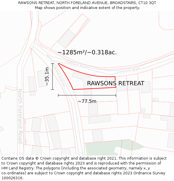 RAWSONS RETREAT, NORTH FORELAND AVENUE, BROADSTAIRS, CT10 3QT: Plot and title map