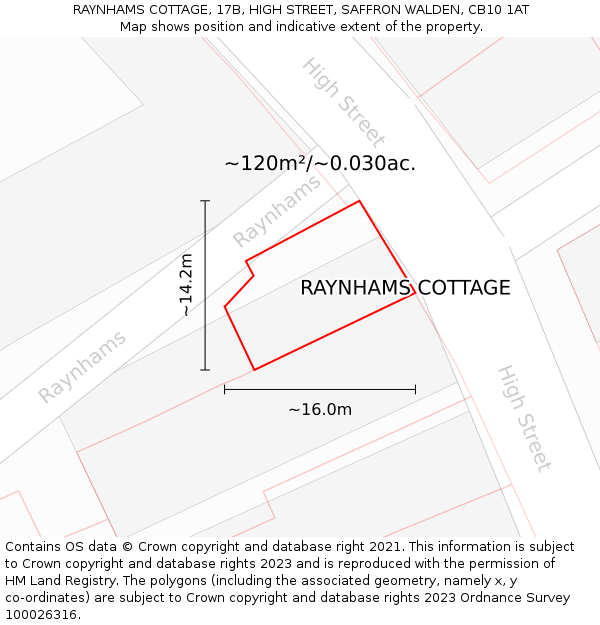 RAYNHAMS COTTAGE, 17B, HIGH STREET, SAFFRON WALDEN, CB10 1AT: Plot and title map