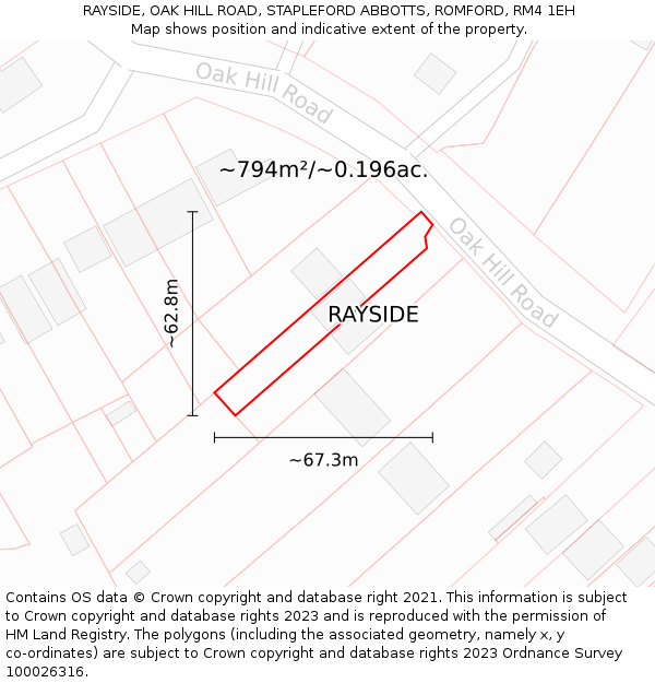 RAYSIDE, OAK HILL ROAD, STAPLEFORD ABBOTTS, ROMFORD, RM4 1EH: Plot and title map