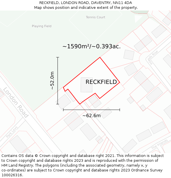 RECKFIELD, LONDON ROAD, DAVENTRY, NN11 4DA: Plot and title map